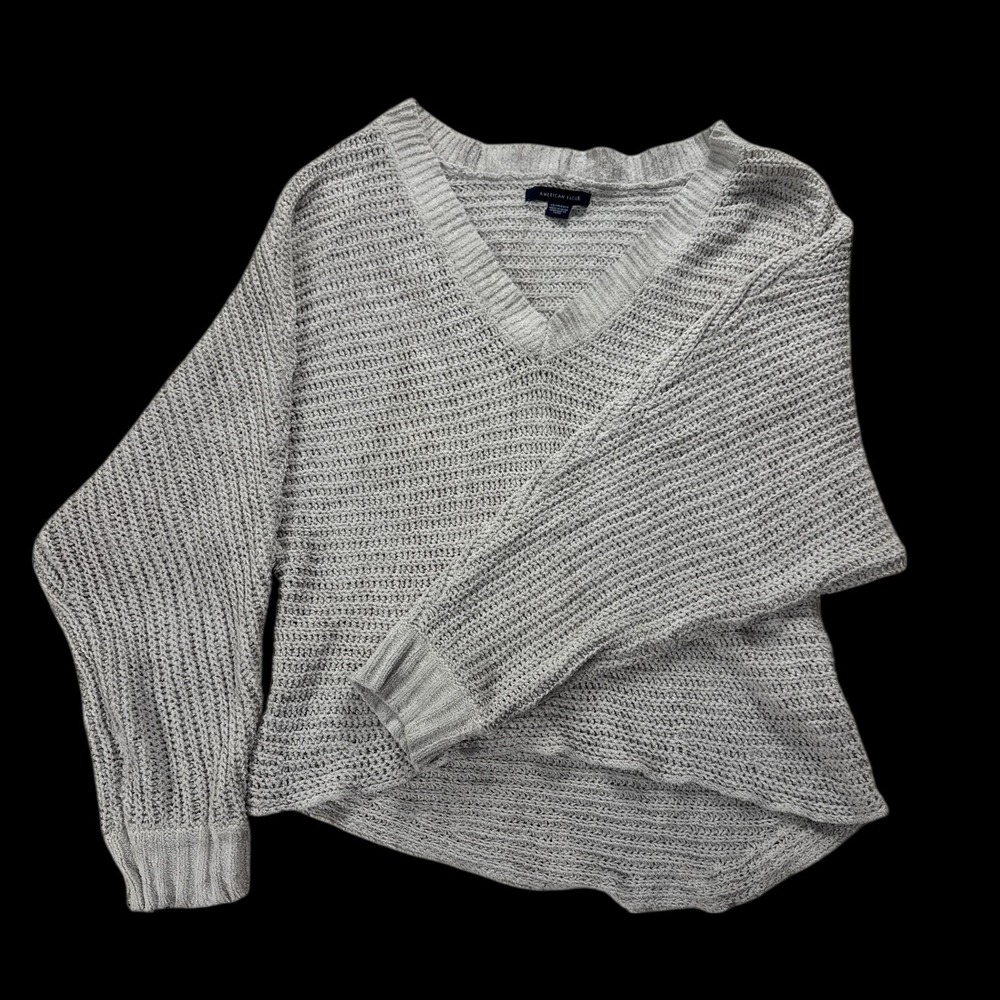 American Eagle V-Neck Sweater Beige Cream Chenille Open Knit Size XS Preowned